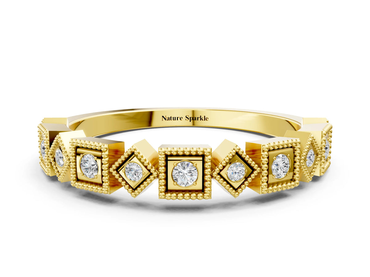 Yellow gold Milgrain Square Diamond Eternity Band with Bezel Setting