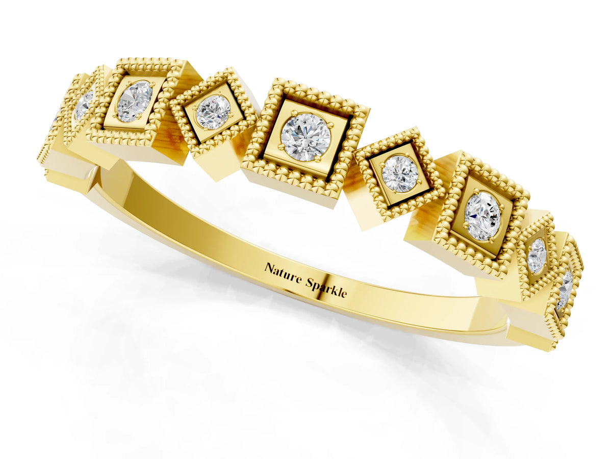 Yellow gold Milgrain Square Diamond Eternity Band with Bezel Setting_1