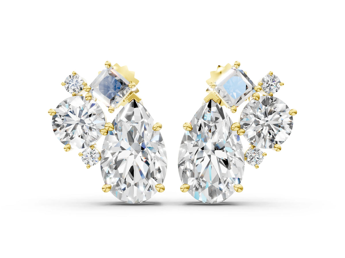 Yellow gold Multi-Shape Diamond Mosaic Five Stone Stud Earrings