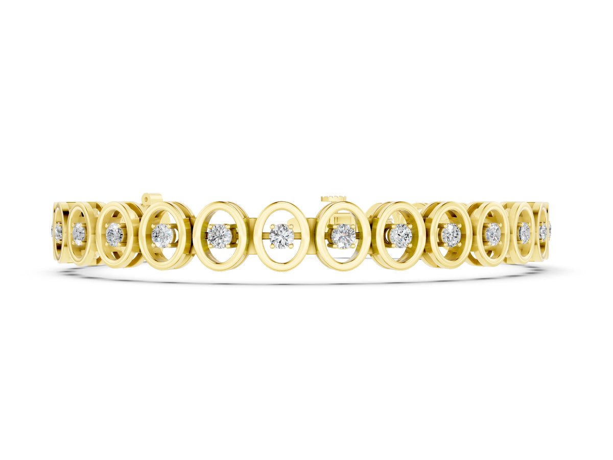 Yellow gold Oval Bezel Set Round Diamond Tennis Bracelet with Four-Prong Setting