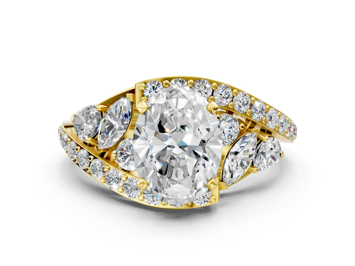 Yellow gold Oval Cut Diamond Halo Ring with Marquise and Pavé Band in Prong Setting