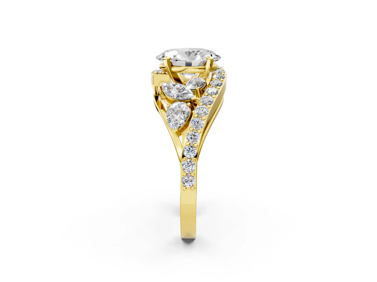 Yellow gold Oval Cut Diamond Halo Ring with Marquise and Pavé Band in Prong Setting_2