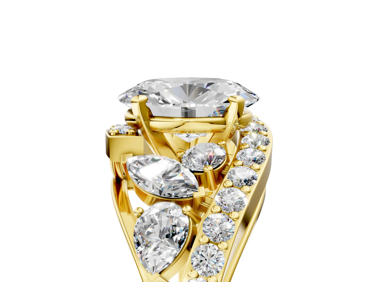 Yellow gold Oval Cut Diamond Halo Ring with Marquise and Pavé Band in Prong Setting_5