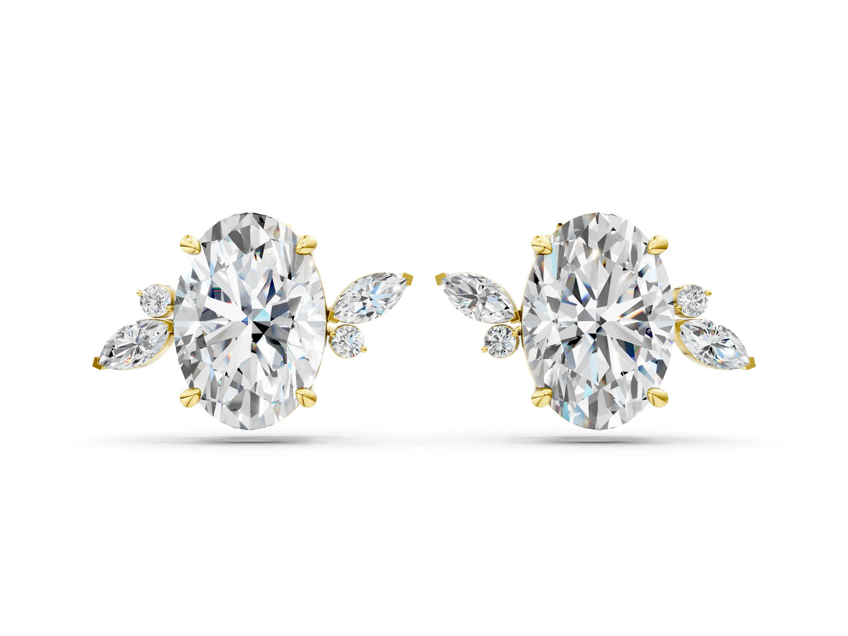 Yellow gold Oval Cut Diamond Nature-Inspired Stud Earrings with Marquise and Round Accents