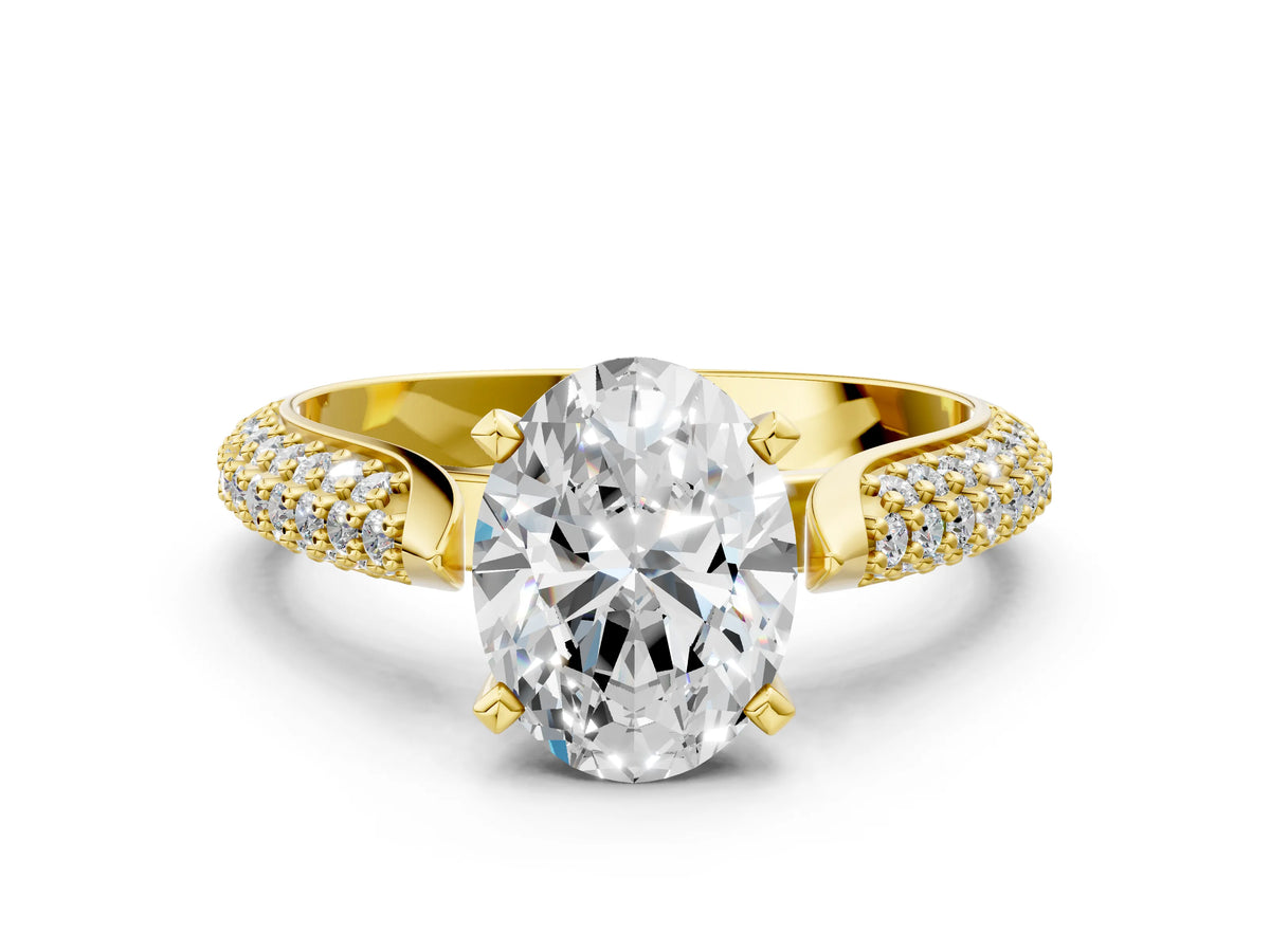 Yellow gold Oval Cut Diamond Solitaire Engagement Ring with Multi-Row Round Pavé Band and Prong Setting