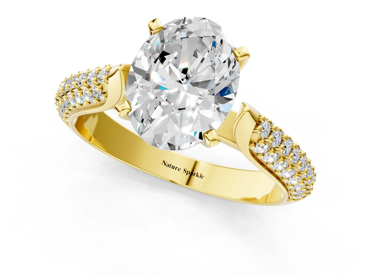 Yellow gold Oval Cut Diamond Solitaire Engagement Ring with Multi-Row Round Pavé Band and Prong Setting_1
