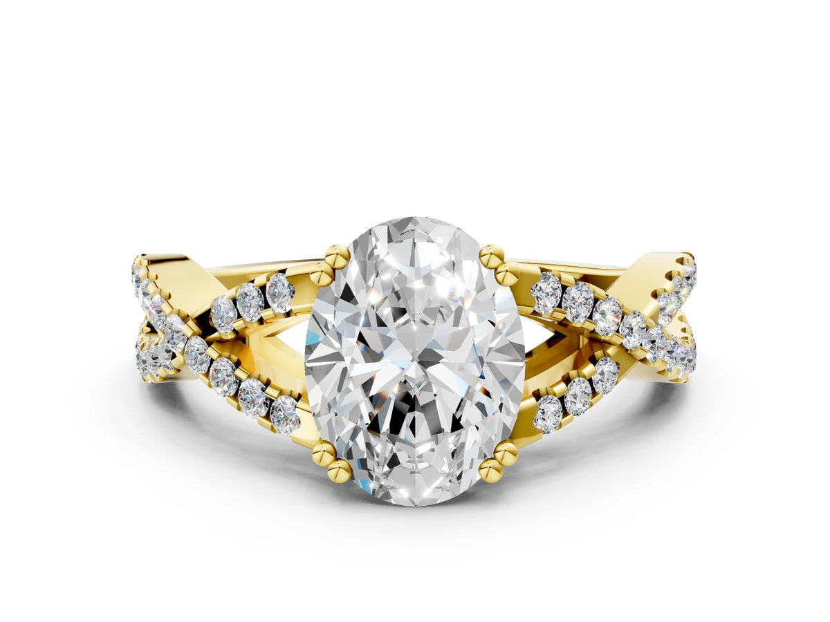 Yellow gold Oval Cut Diamond Solitaire Ring with Four-Prong Setting and Twisted Pavé Band