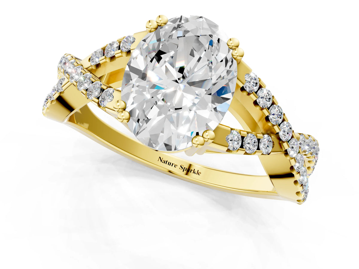 Yellow gold Oval Cut Diamond Solitaire Ring with Four-Prong Setting and Twisted Pavé Band_1