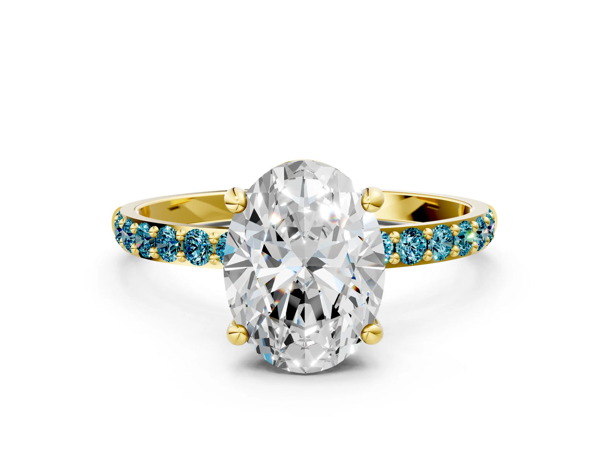 Yellow gold Oval Cut Diamond Solitaire Ring with Round Blue Topaz Pavé Band and Prong Setting