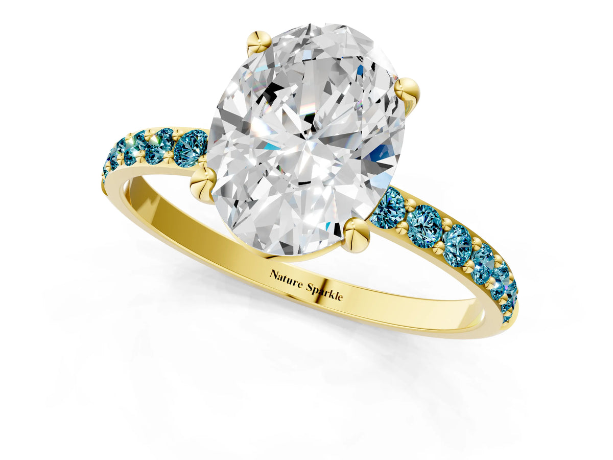 Yellow gold Oval Cut Diamond Solitaire Ring with Round Blue Topaz Pavé Band and Prong Setting_1