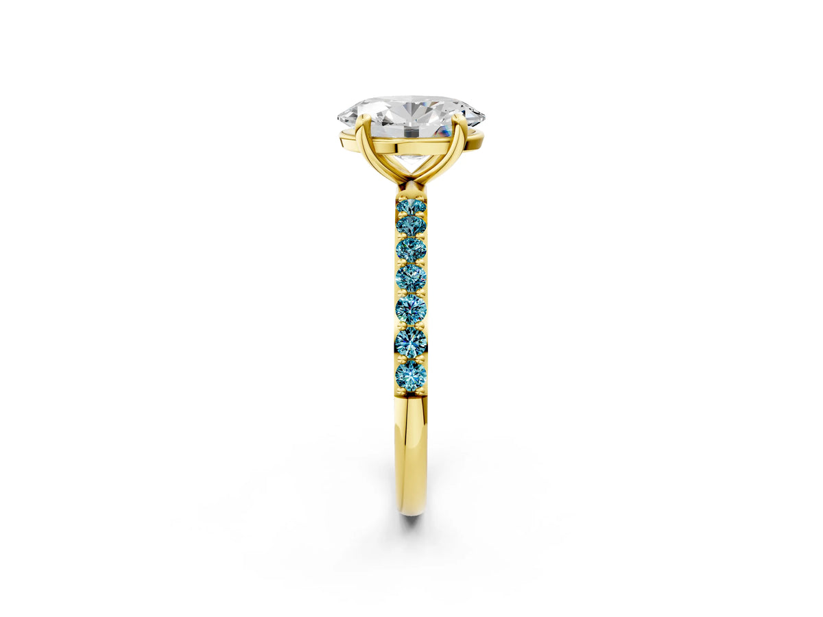 Yellow gold Oval Cut Diamond Solitaire Ring with Round Blue Topaz Pavé Band and Prong Setting_2