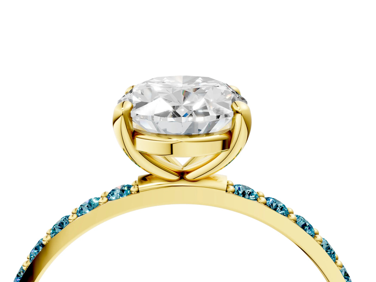 Yellow gold Oval Cut Diamond Solitaire Ring with Round Blue Topaz Pavé Band and Prong Setting_4