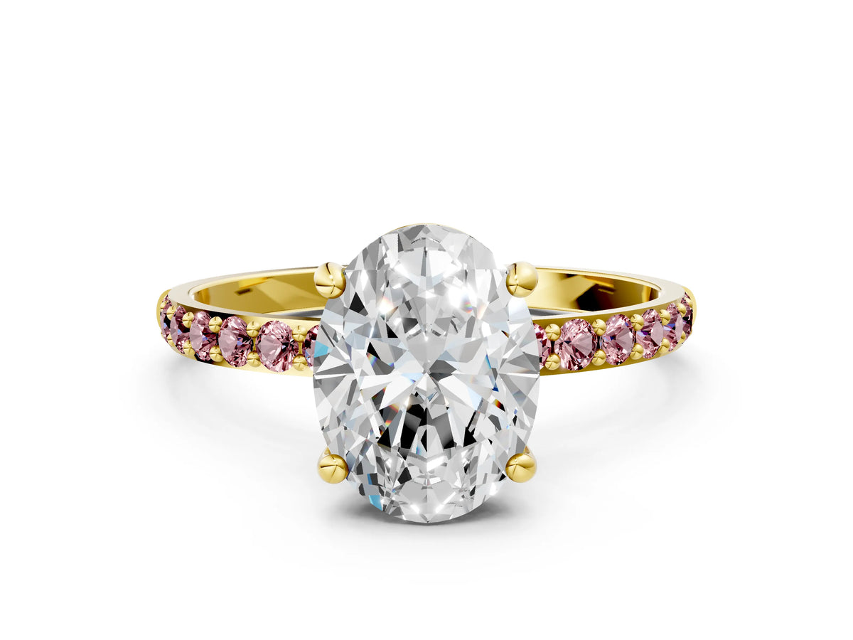 Yellow gold Oval Cut Diamond Solitaire Ring with Round Morganite Pavé Band and Prong Setting