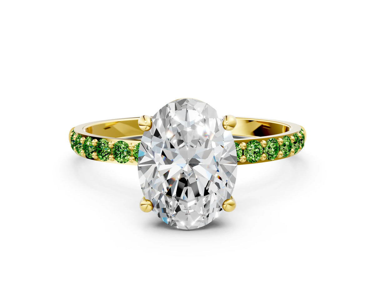 Yellow gold Oval Cut Diamond Solitaire Ring with Round Peridot Pavé Band and Prong Setting