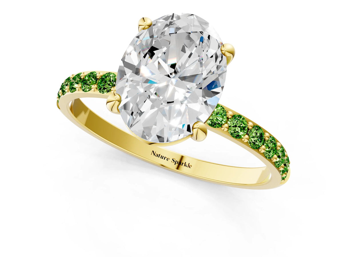Yellow gold Oval Cut Diamond Solitaire Ring with Round Peridot Pavé Band and Prong Setting_1