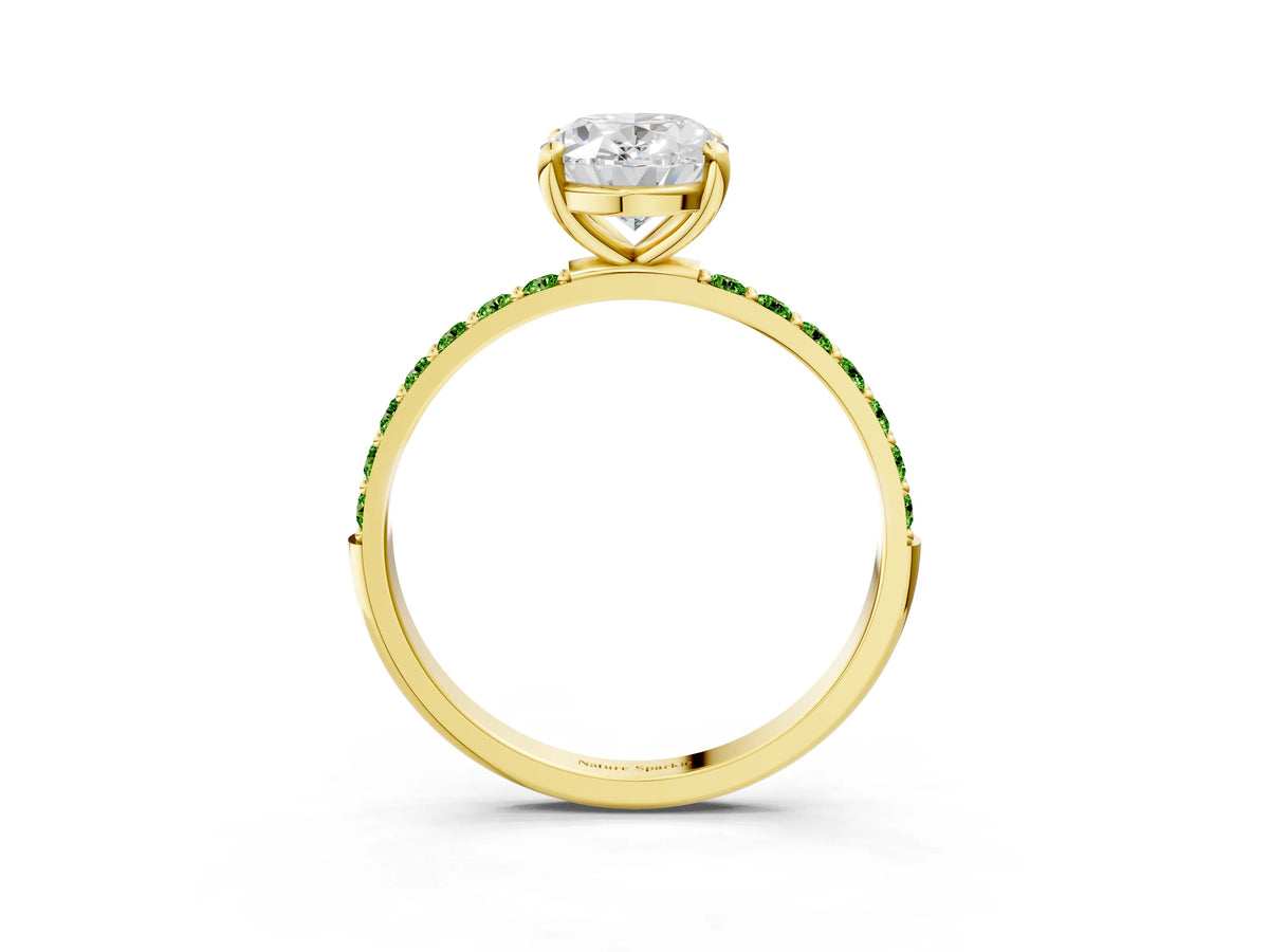 Yellow gold Oval Cut Diamond Solitaire Ring with Round Peridot Pavé Band and Prong Setting_3