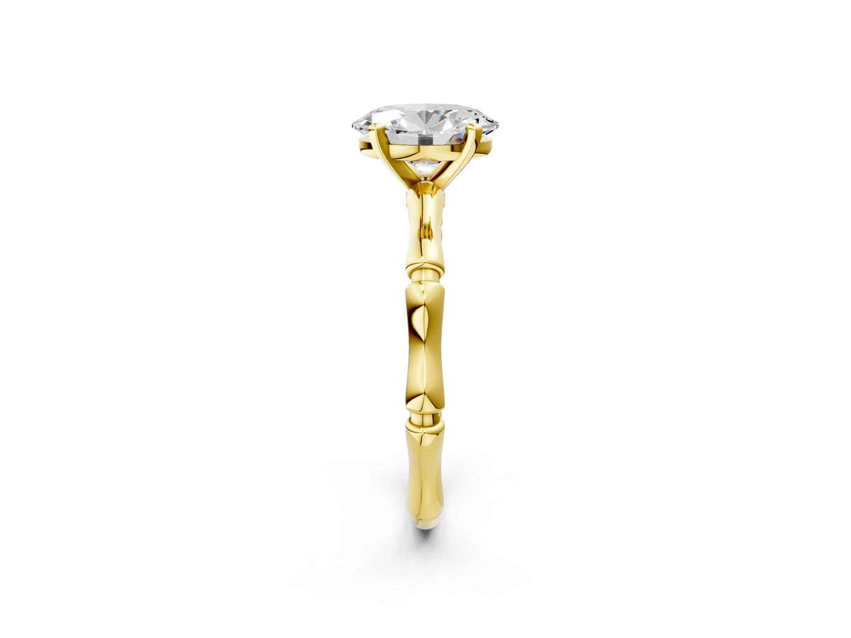 Yellow gold Oval Cut Solitaire Diamond Ring with Bamboo Band and Four-Prong Setting_2