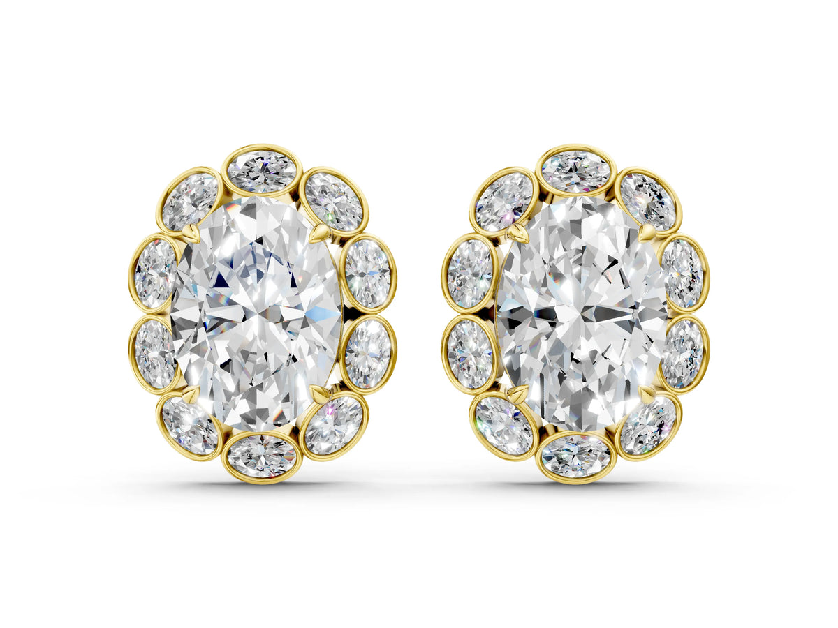 Yellow gold Oval Diamond Halo Stud Earrings with Oval Diamond Accents
