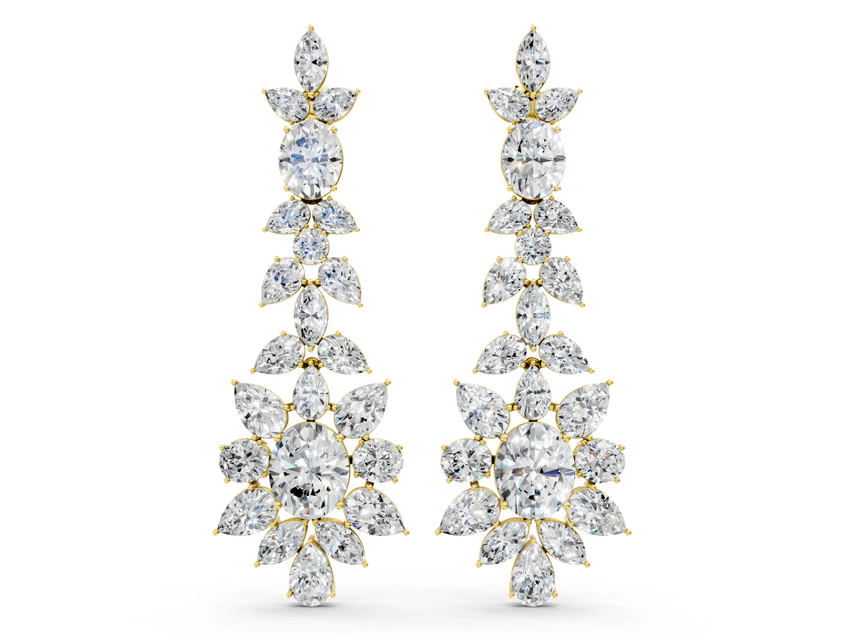 Yellow gold Oval, Pear, Marquise and Round Diamond Floral Cascade Drop Earrings