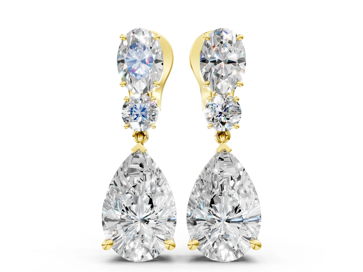 Yellow gold Oval, Round and Pear Diamond Huggie Drop Earrings