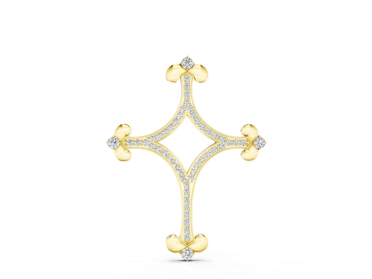 Yellow gold Pavé Diamond Cushion Cross Pendant with Fleur-de-Lis Prongs