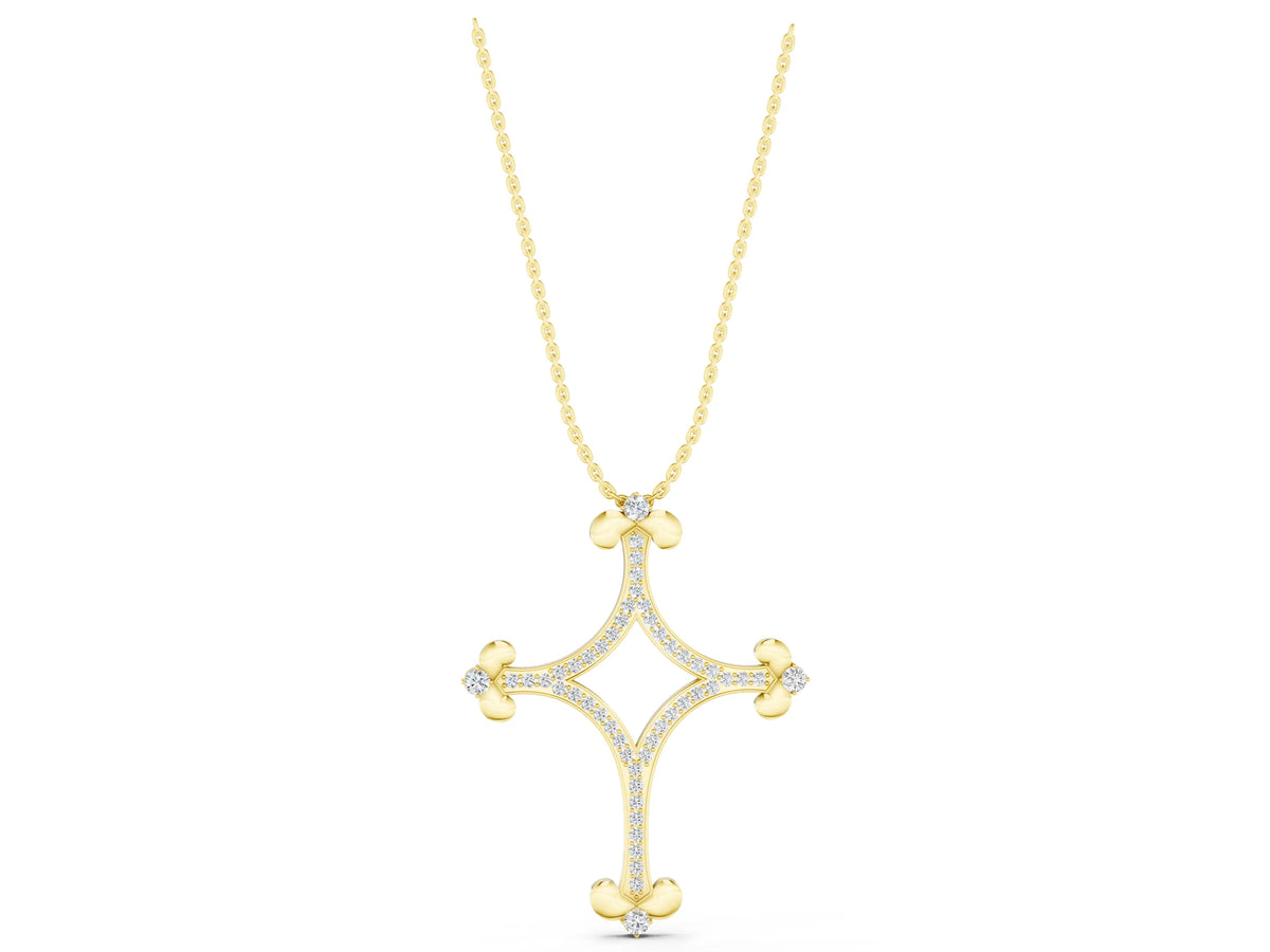 Yellow gold Pavé Diamond Cushion Cross Pendant with Fleur-de-Lis Prongs_1