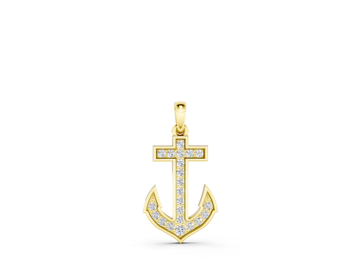 Yellow gold Pavé Round Diamond Anchor Pendant with Four-Prong Setting