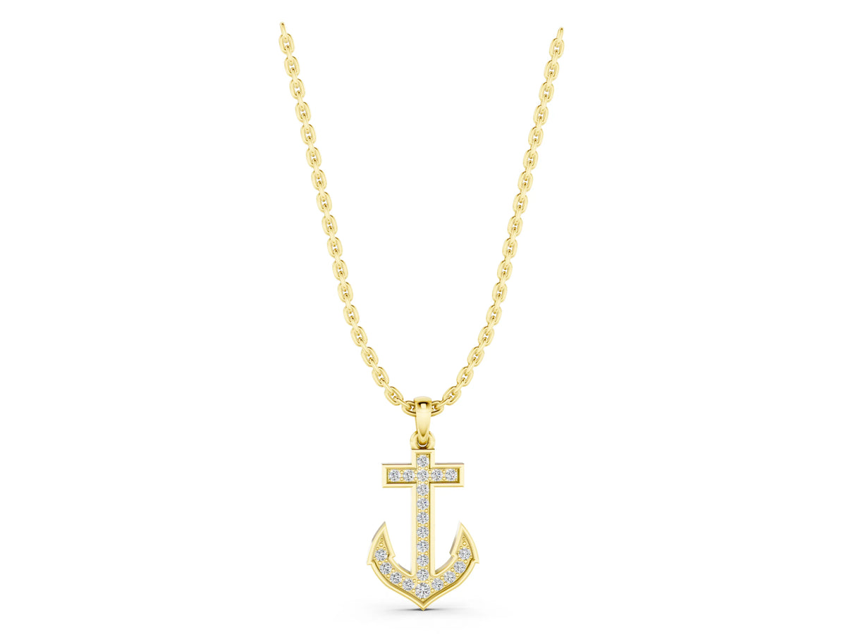 Yellow gold Pavé Round Diamond Anchor Pendant with Four-Prong Setting_1