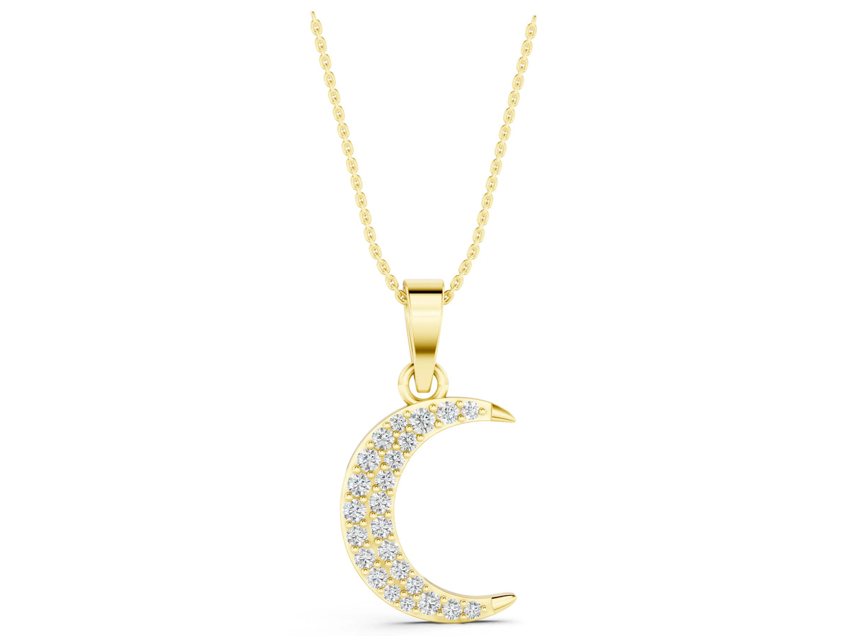 Yellow gold Pavé Round Diamond Crescent Pendant with Four-Prong Setting_1