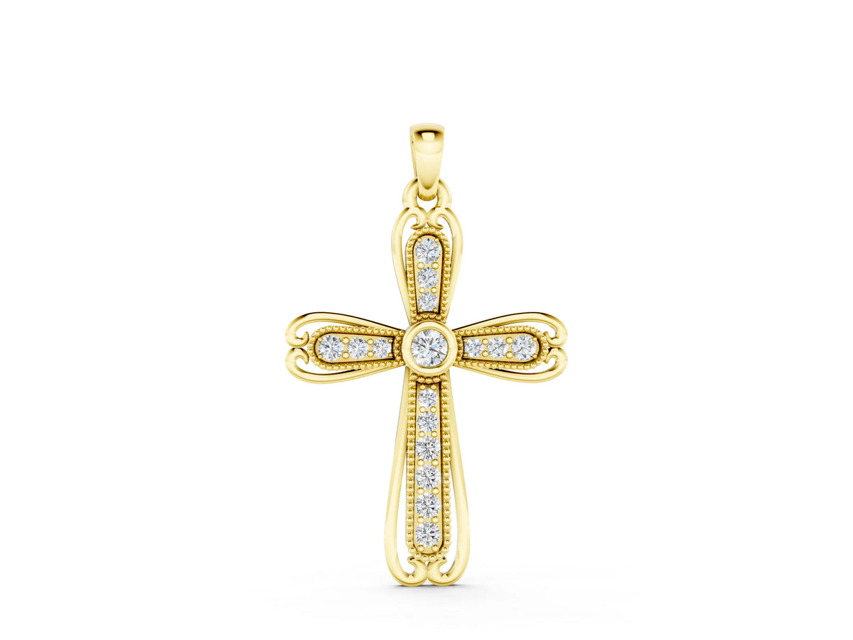 Yellow gold Pavé Round Diamond Cross Pendant with Bezel Setting