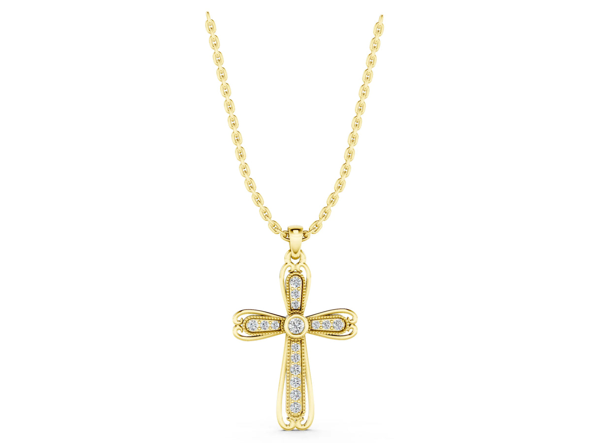 Yellow gold Pavé Round Diamond Cross Pendant with Bezel Setting_1
