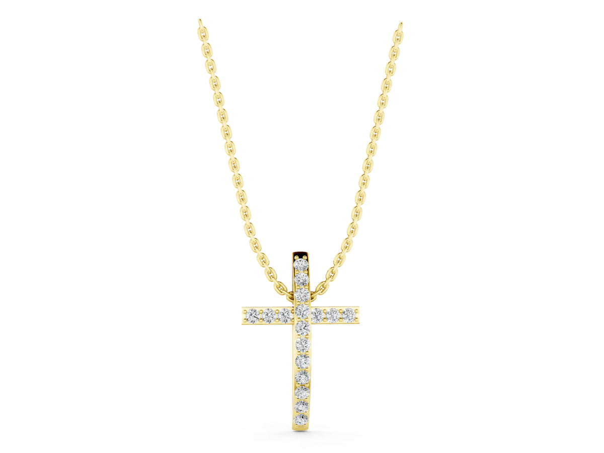 Yellow gold Pavé Round Diamond Cross Pendant with Prong Setting_1