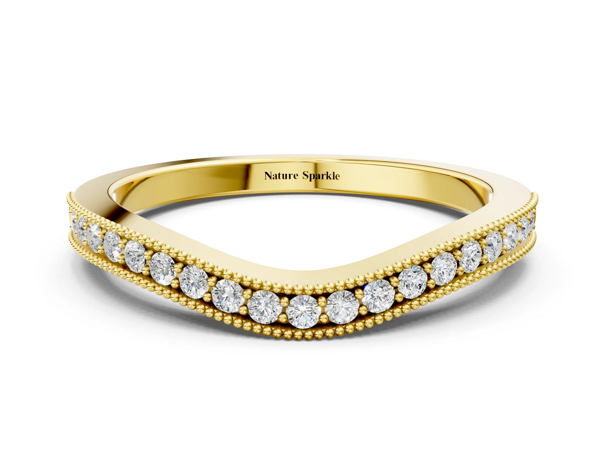 Yellow gold Pavé Round Diamond Curved Band with Milgrain Edge