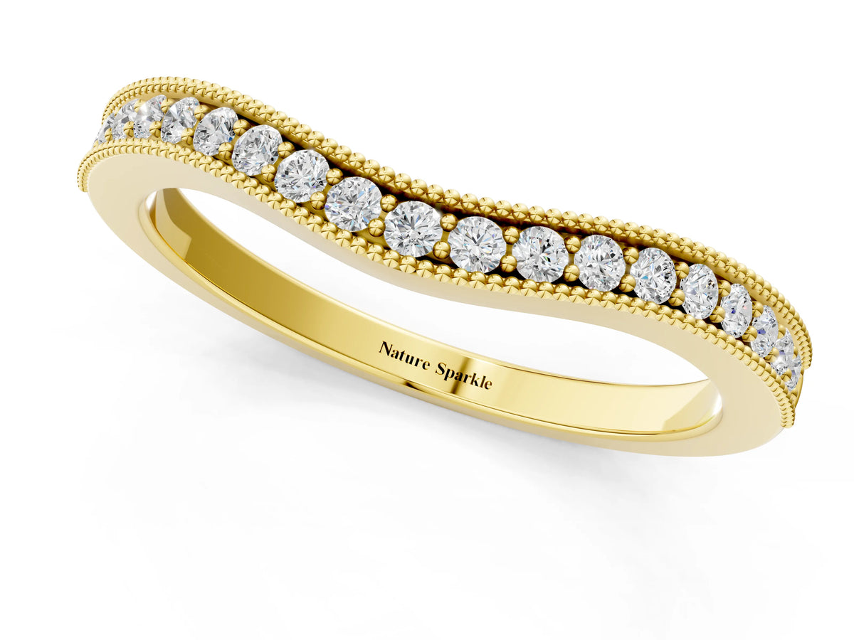 Yellow gold Pavé Round Diamond Curved Band with Milgrain Edge_1