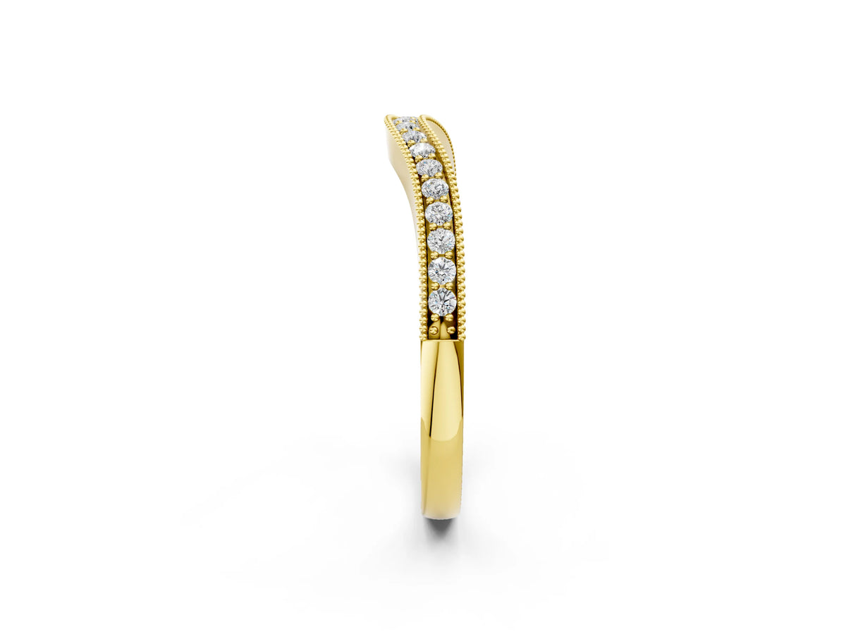 Yellow gold Pavé Round Diamond Curved Band with Milgrain Edge_2