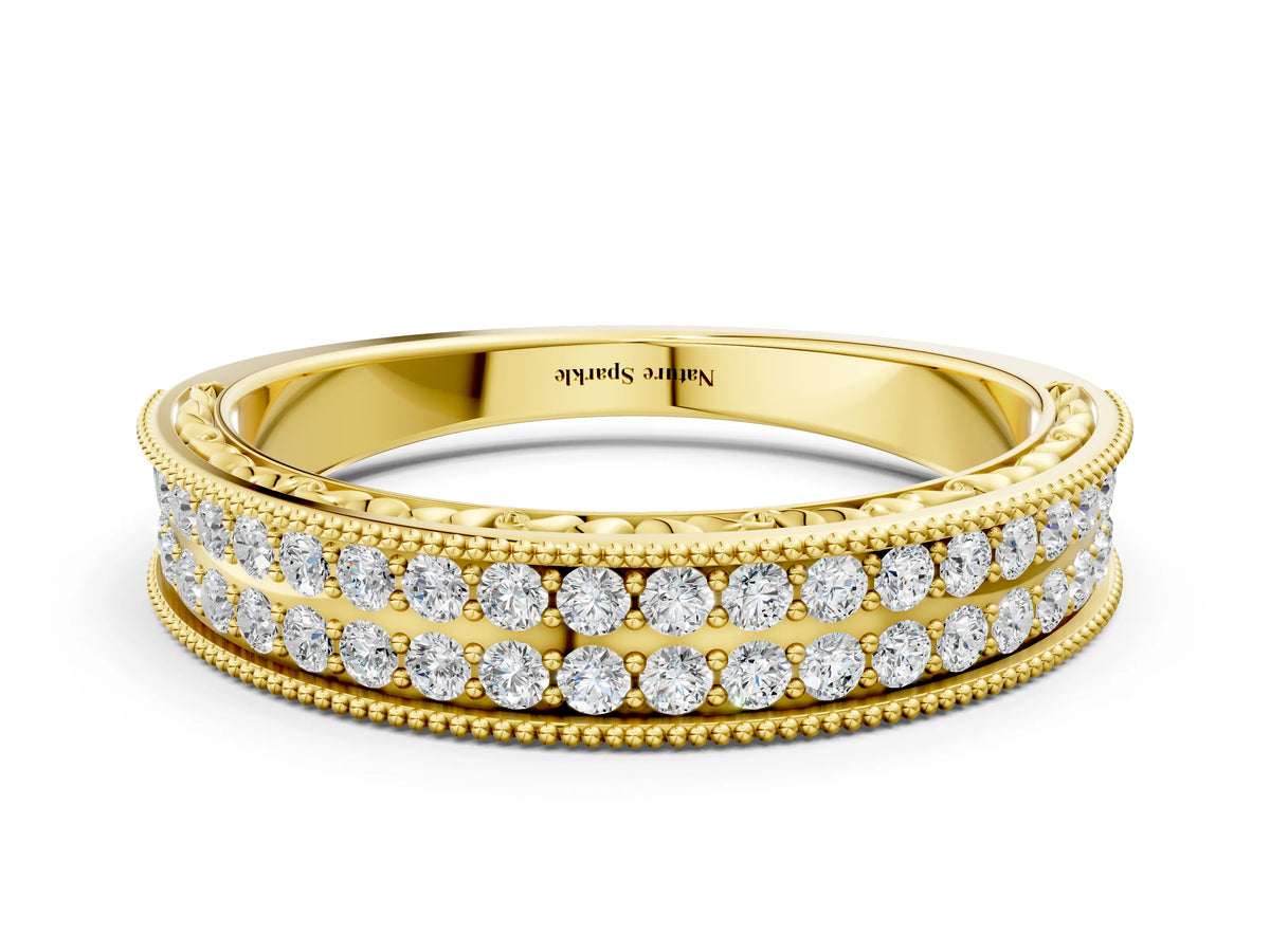 Yellow gold Pavé Round Diamond Eternity Band with Milgrain Edge