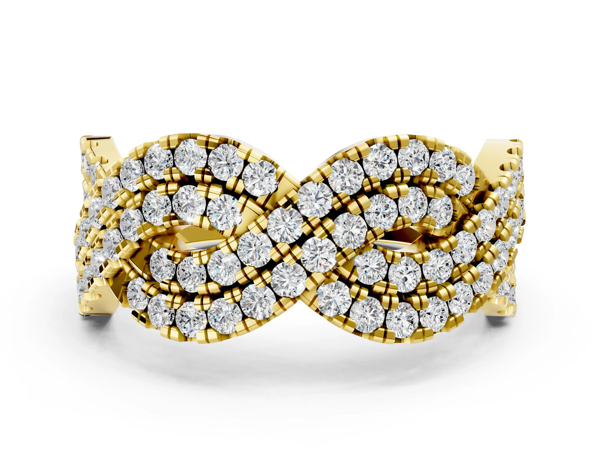 Yellow gold Pavé Round Diamond Infinity Twist Band with Shared Prong Setting