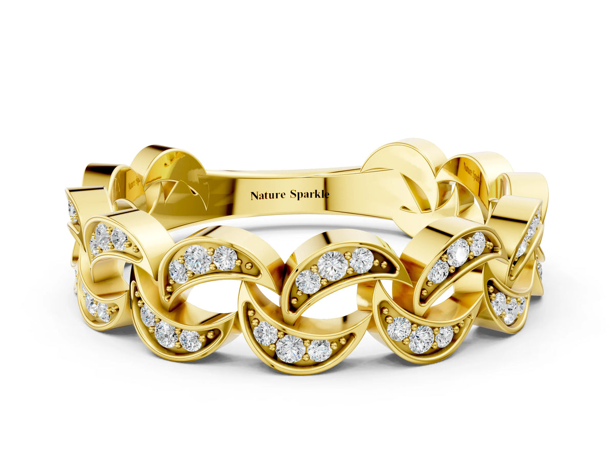 Yellow gold Pavé Round Diamond Interlocking Eternity Band with Bezel Prong Setting