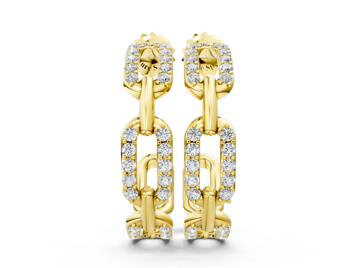 Yellow gold Pavé Round Diamond Link Hoop Earrings with Prong Setting