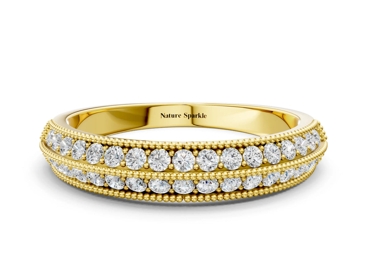 Yellow gold Pavé Round Diamond Milgrain Eternity Band