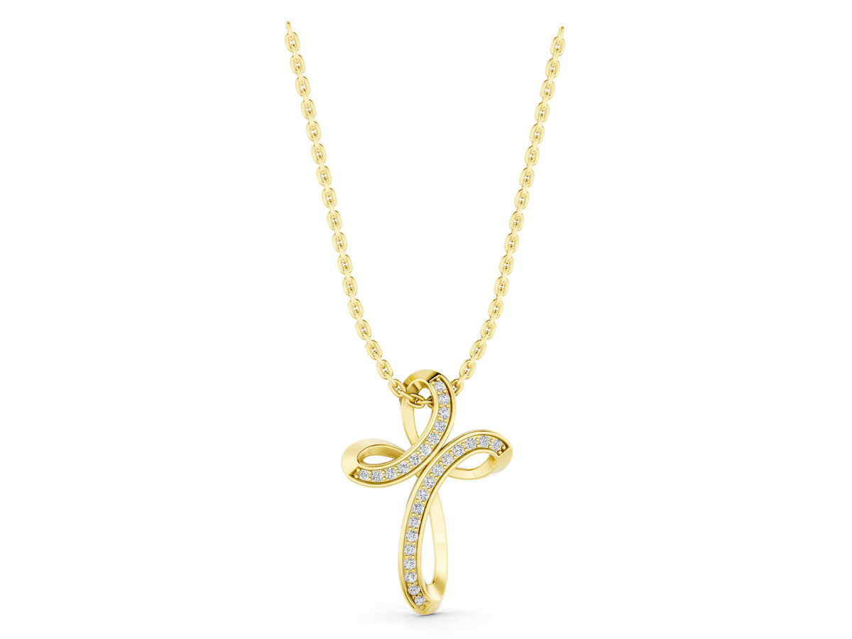 Yellow gold Pavé Round Diamond Prong Cross Pendant_1