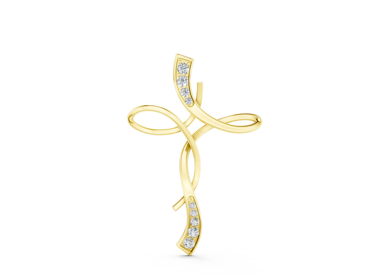 Yellow gold Pavé Round Diamond Twist Cross Pendant