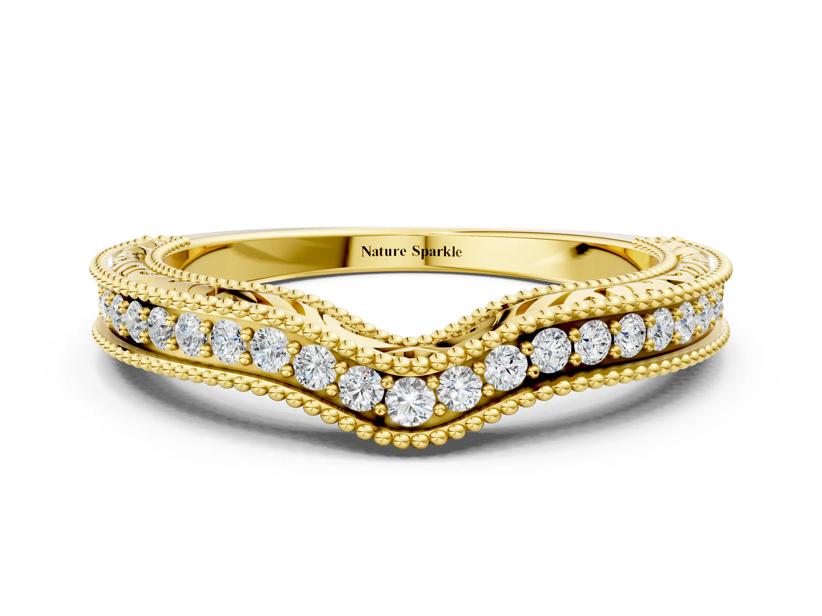 Yellow gold Pave Round Diamond Curved Milgrain Band