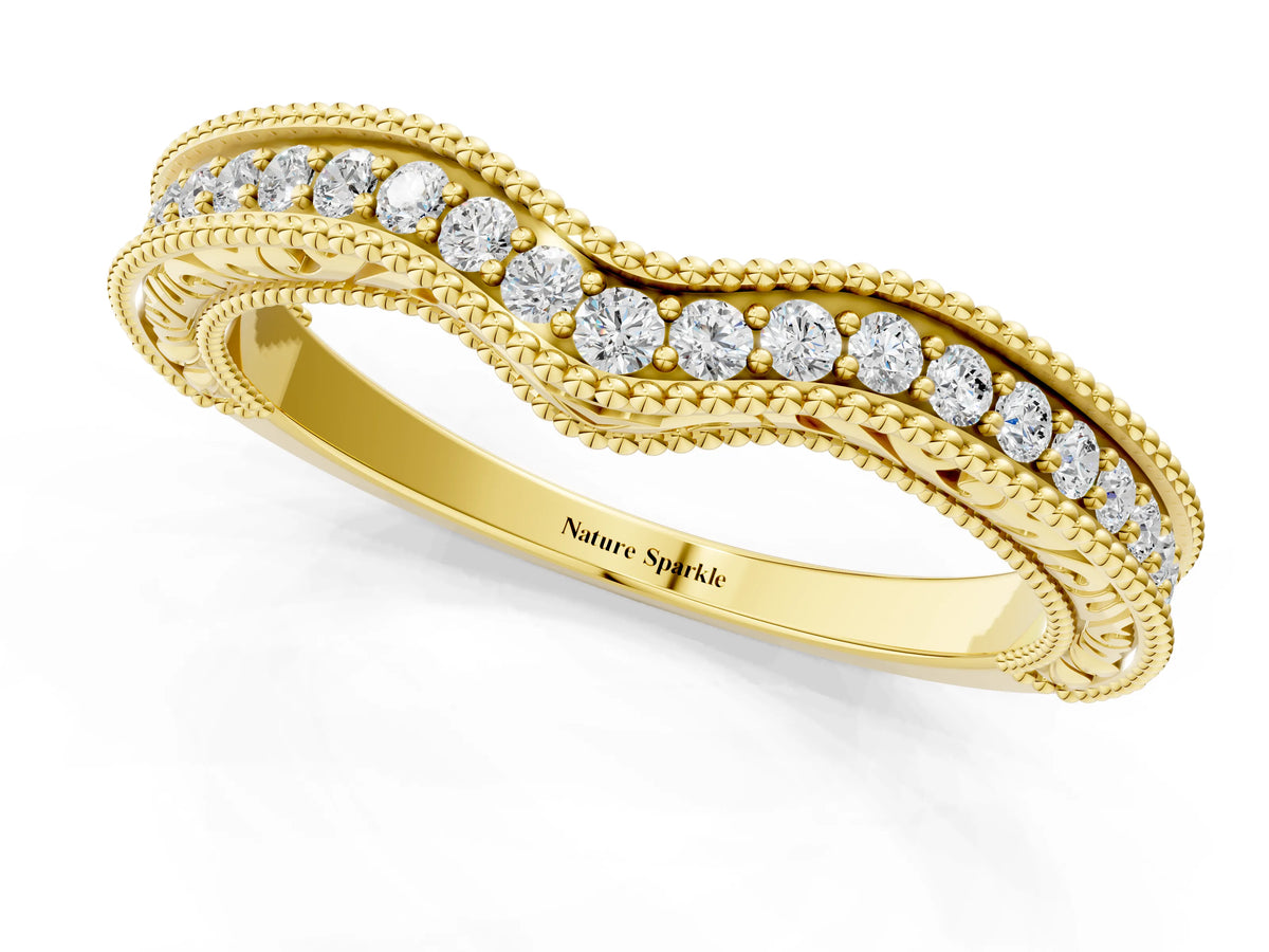 Yellow gold Pave Round Diamond Curved Milgrain Band_1
