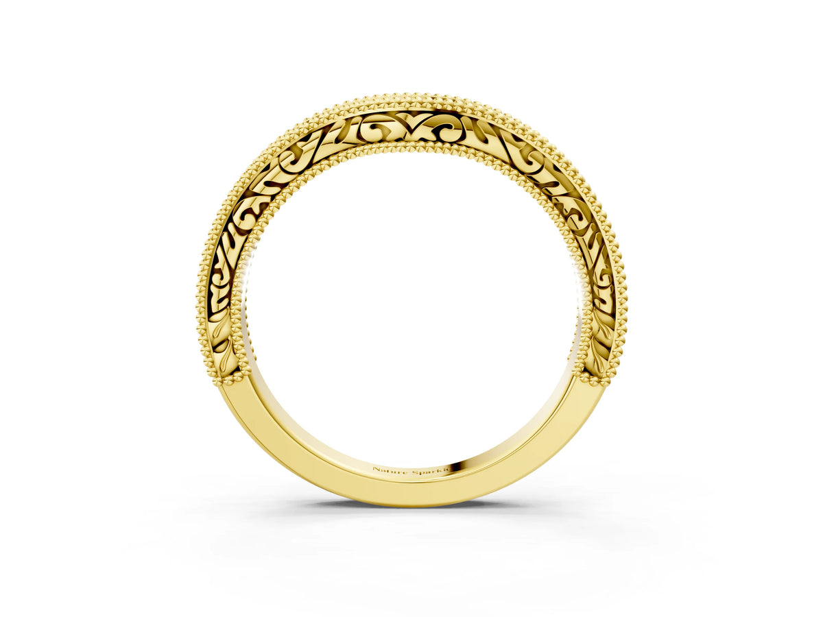 Yellow gold Pave Round Diamond Curved Milgrain Band_3