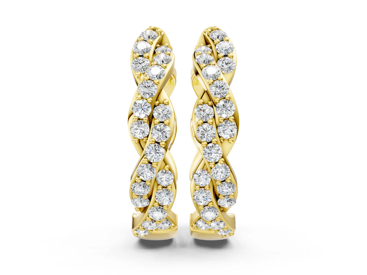 Yellow gold Pave Round Diamond Twisted Hoop Earrings with Shared Prong Setting