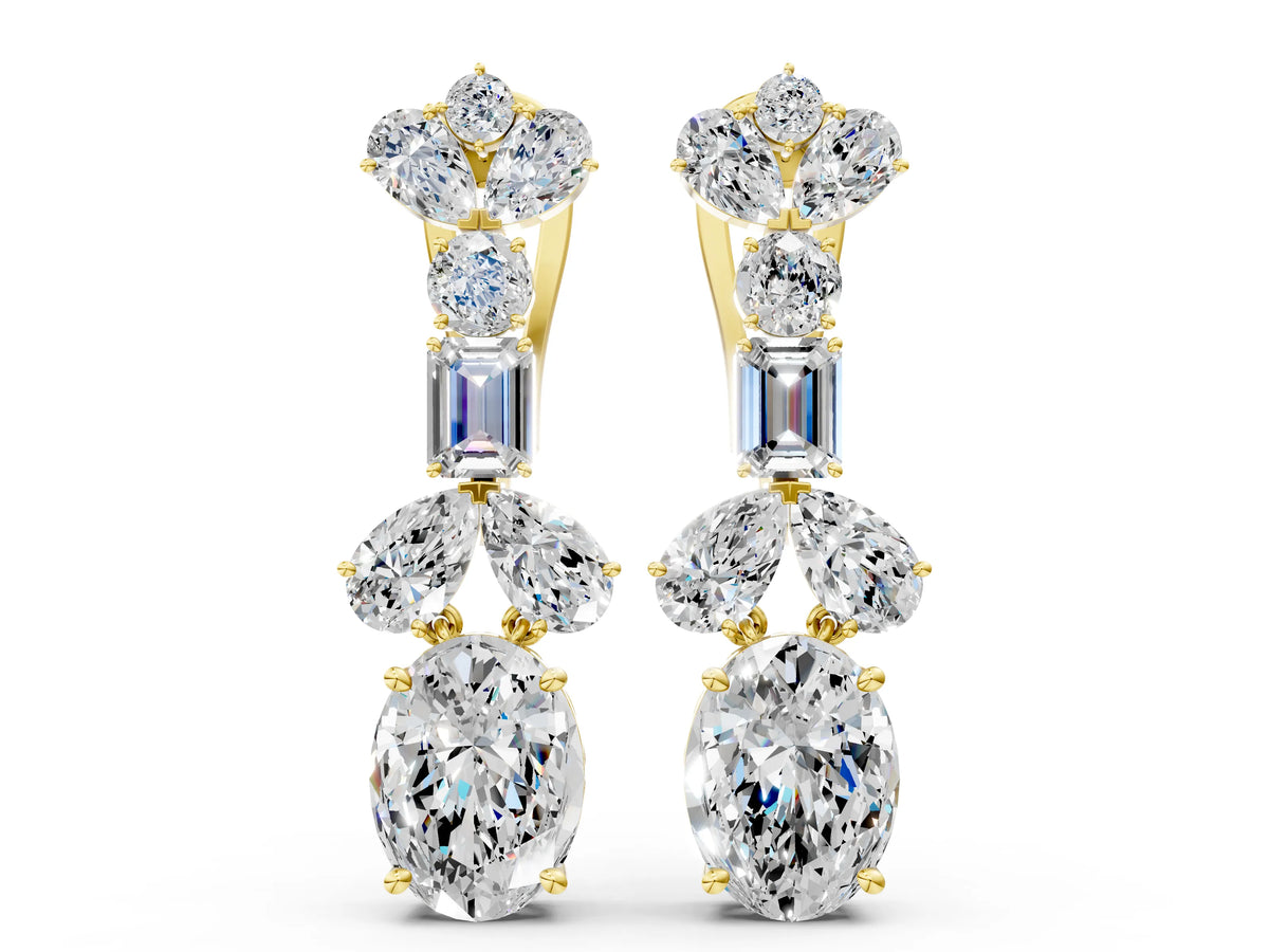 Yellow gold Pear, Baguette and Oval Diamond Monaco Drop Earrings