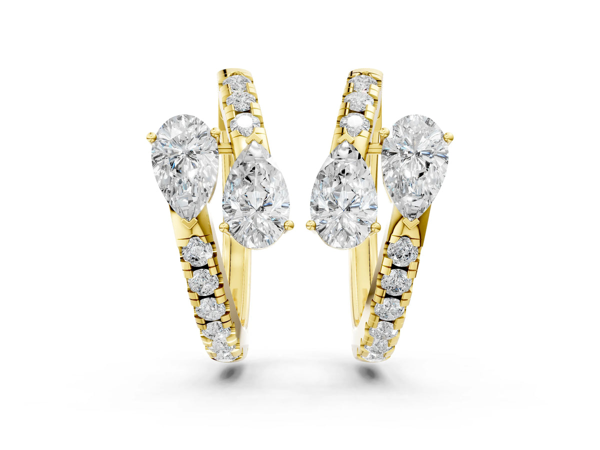Yellow gold Pear Cut Diamond Bypass Huggie Hoop Earrings