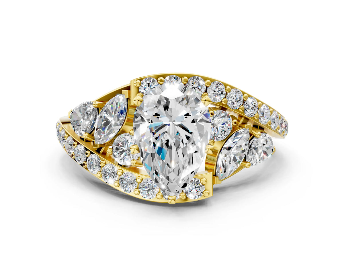 Yellow gold Pear Cut Diamond Halo Ring with Marquise and Pavé Band in Prong Setting