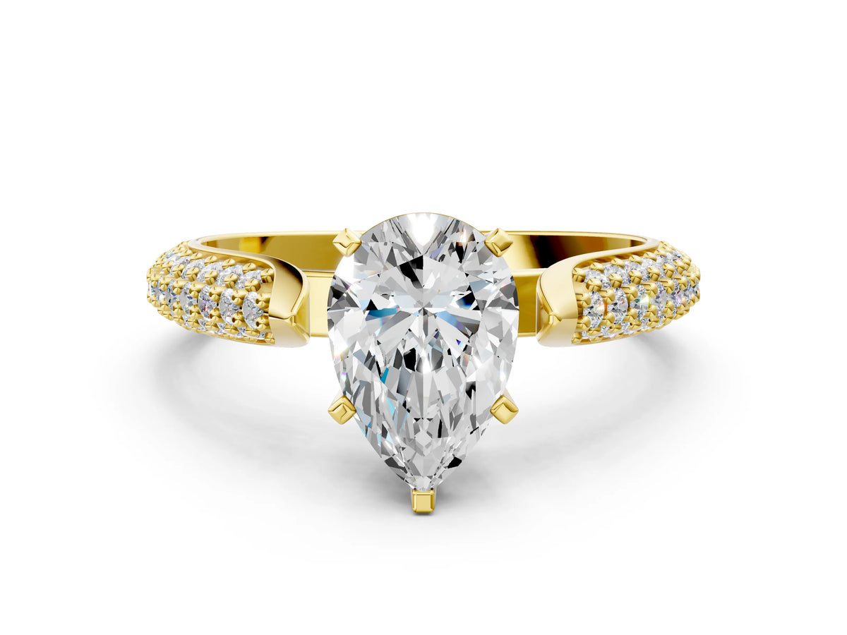 Yellow gold Pear Cut Diamond Solitaire Engagement Ring with Multi-Row Round Pavé Band and Prong Setting
